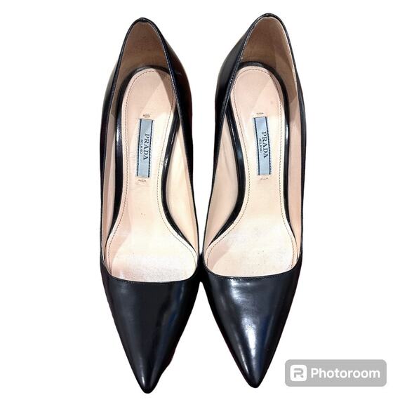Prada Spazzolato Basi Nero black women's pumps gold heels size 36 authentic - Picture 1 of 12